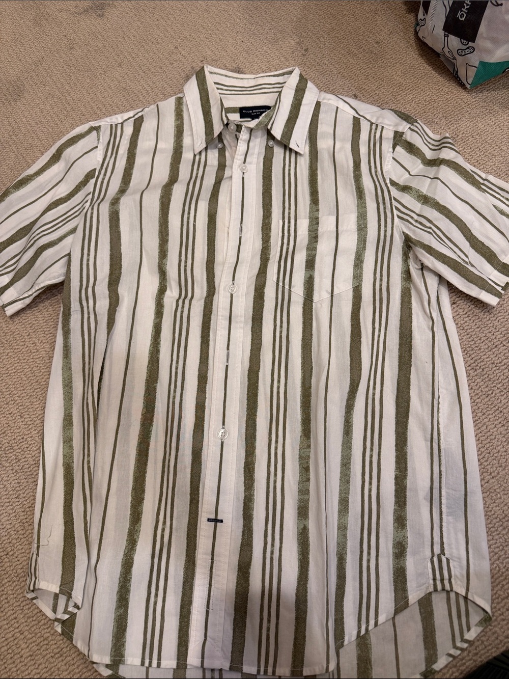 Club Monaco Olive & White Striped Short-Sleeve Button-Down